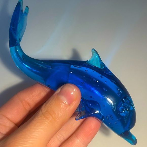 Handcrafted, hand blown glass, blue, dolphin, paperweight, collectible, figurine - Picture 1 of 6